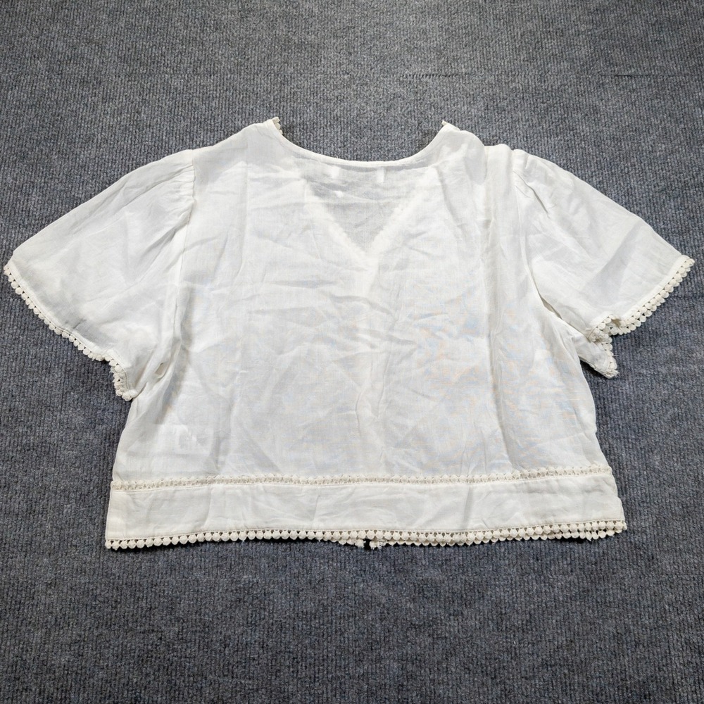 Crop Top Linen Blend Shirt Women 12 White Pompom Trim Festival Boho Cottagecore - Picture 2 of 11